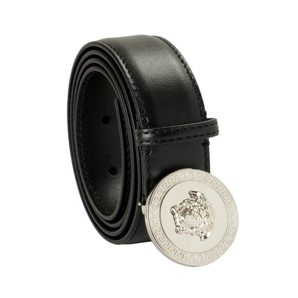 Versace Black 100% Leather Silver Medusa Head Logo Decorated Belt US 34 IT 85 - Picture 1 of 5